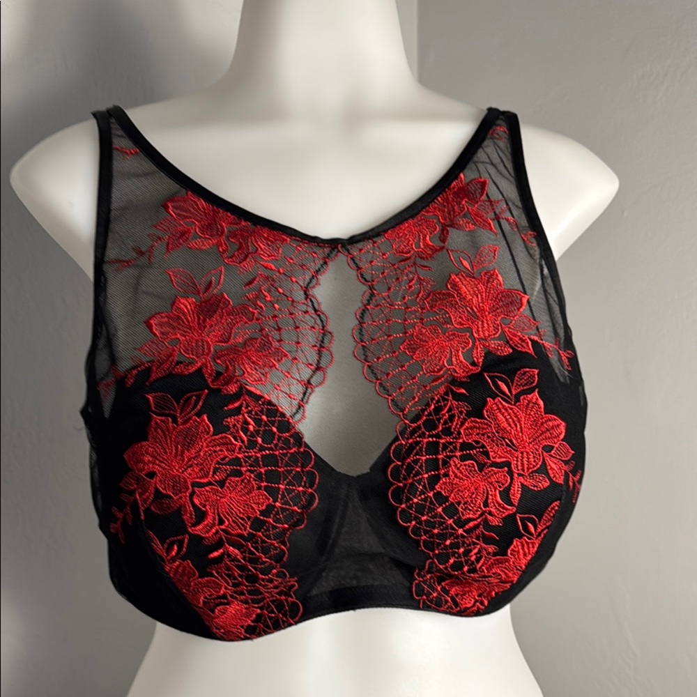 Black and Red Floral Embroidered Bra with Sheer Mesh